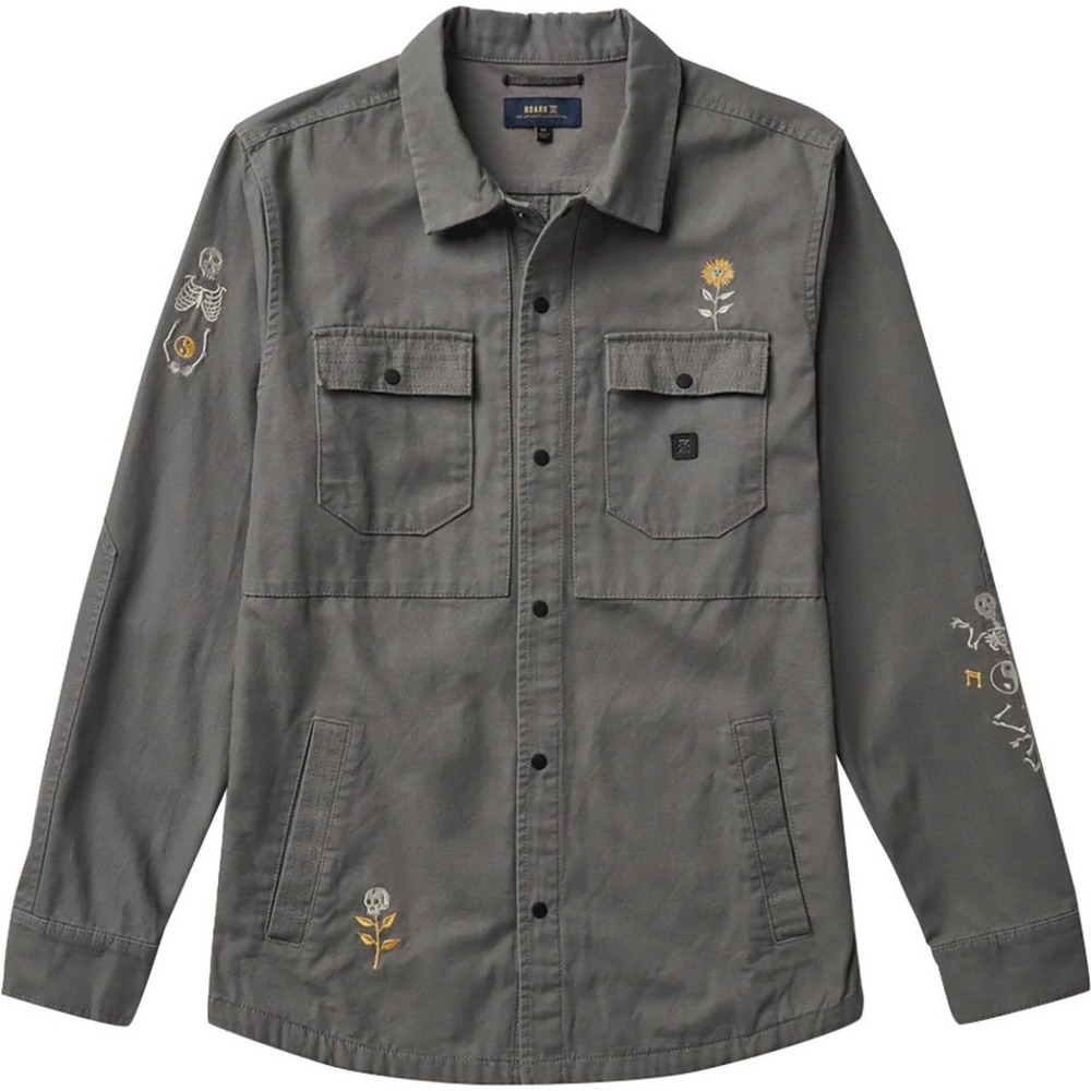 ROARK Men's Grey Skeleton Sunflower Embroidered Long Sleeve Button Up‎ Shirt XS